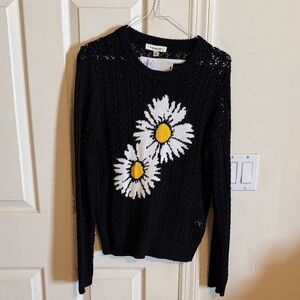 Francesca's Collections Black Open-Knit Sweater with White & Yellow Daisy NET